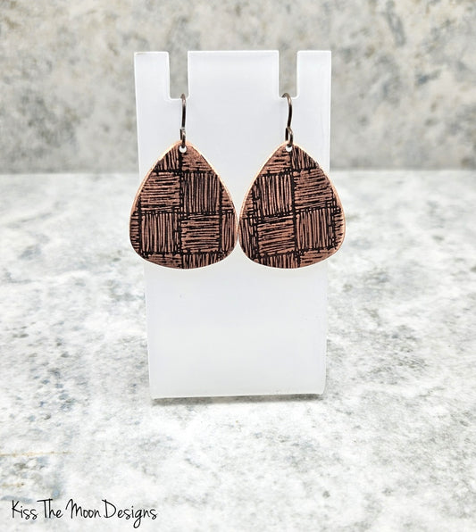 Copper Guitar Pick Shaped Hashmark Textured Earrings