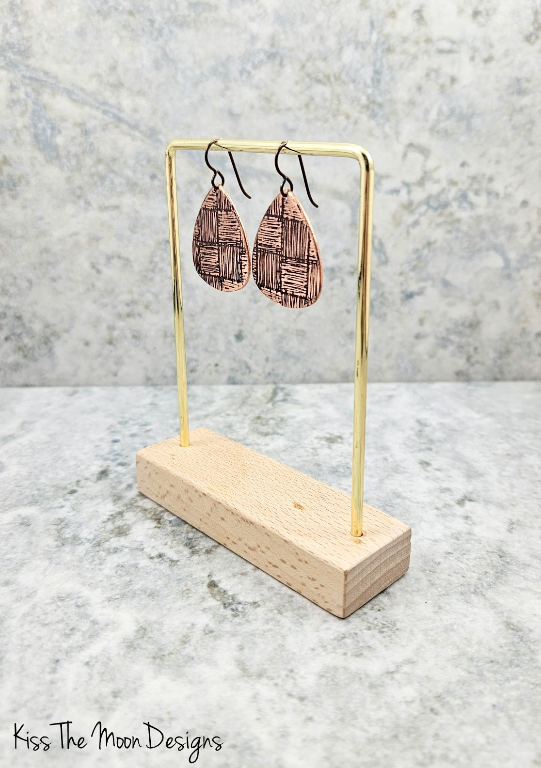 Copper Guitar Pick Shaped Hashmark Textured Earrings