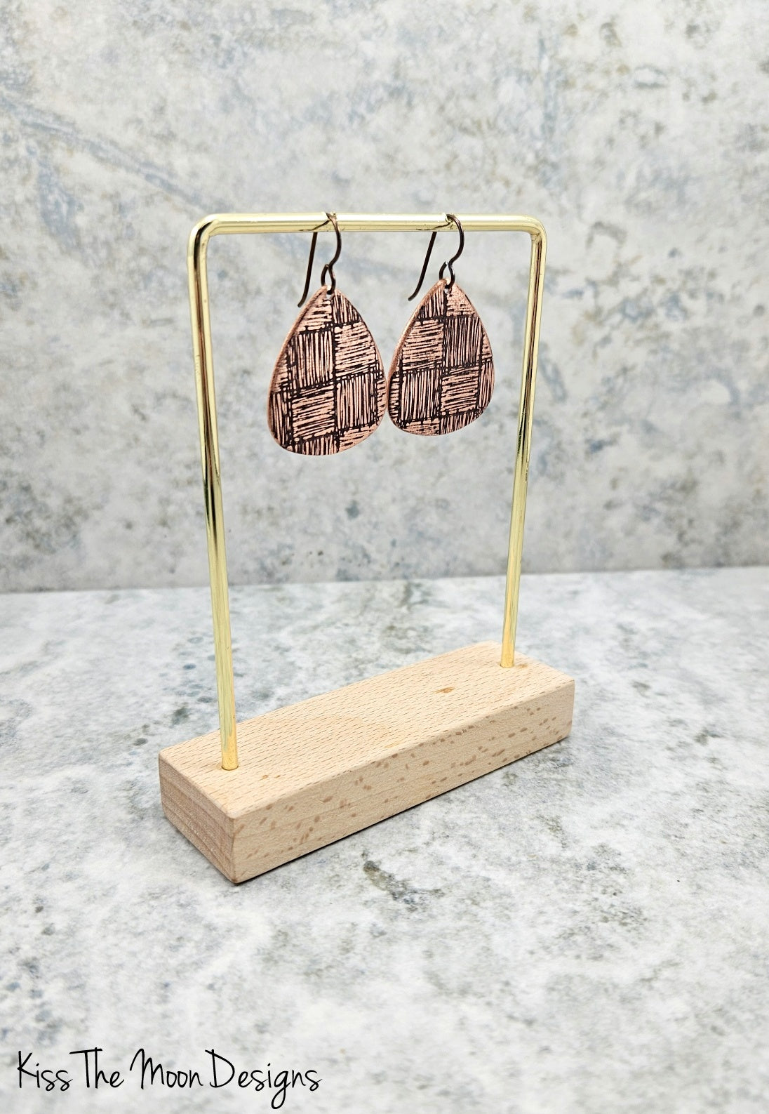 Copper Guitar Pick Shaped Hashmark Textured Earrings