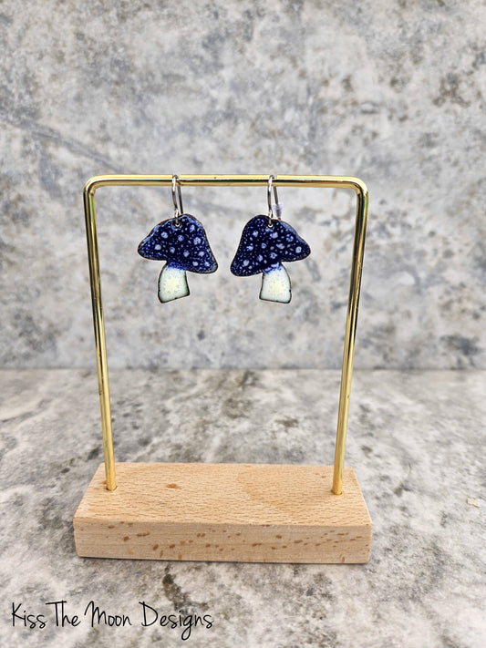 Crackle Enamel Mushroom Earrings- Dark Blue/Indigo