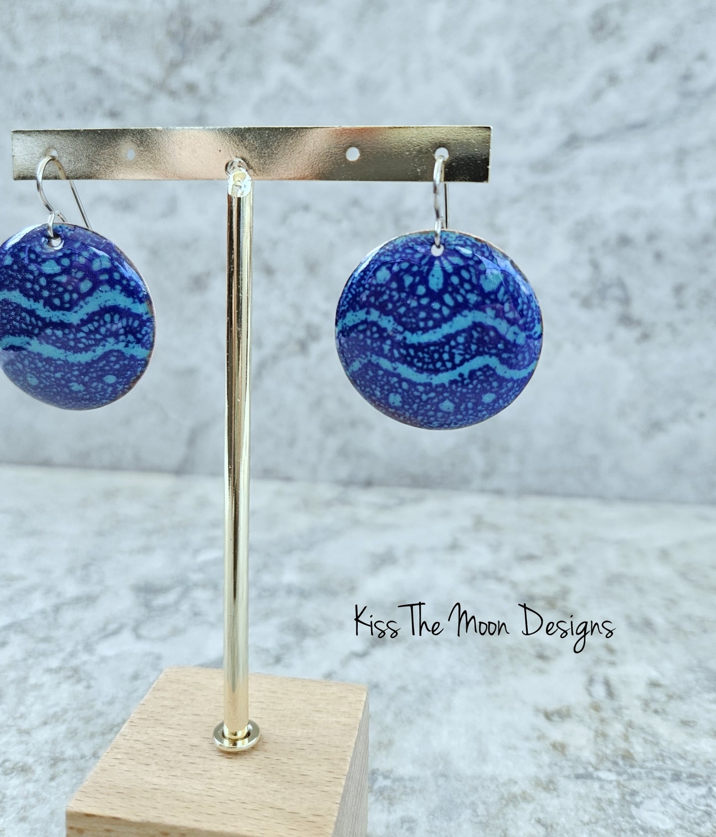 Large Cobalt and Green Enameled Circle Earrings