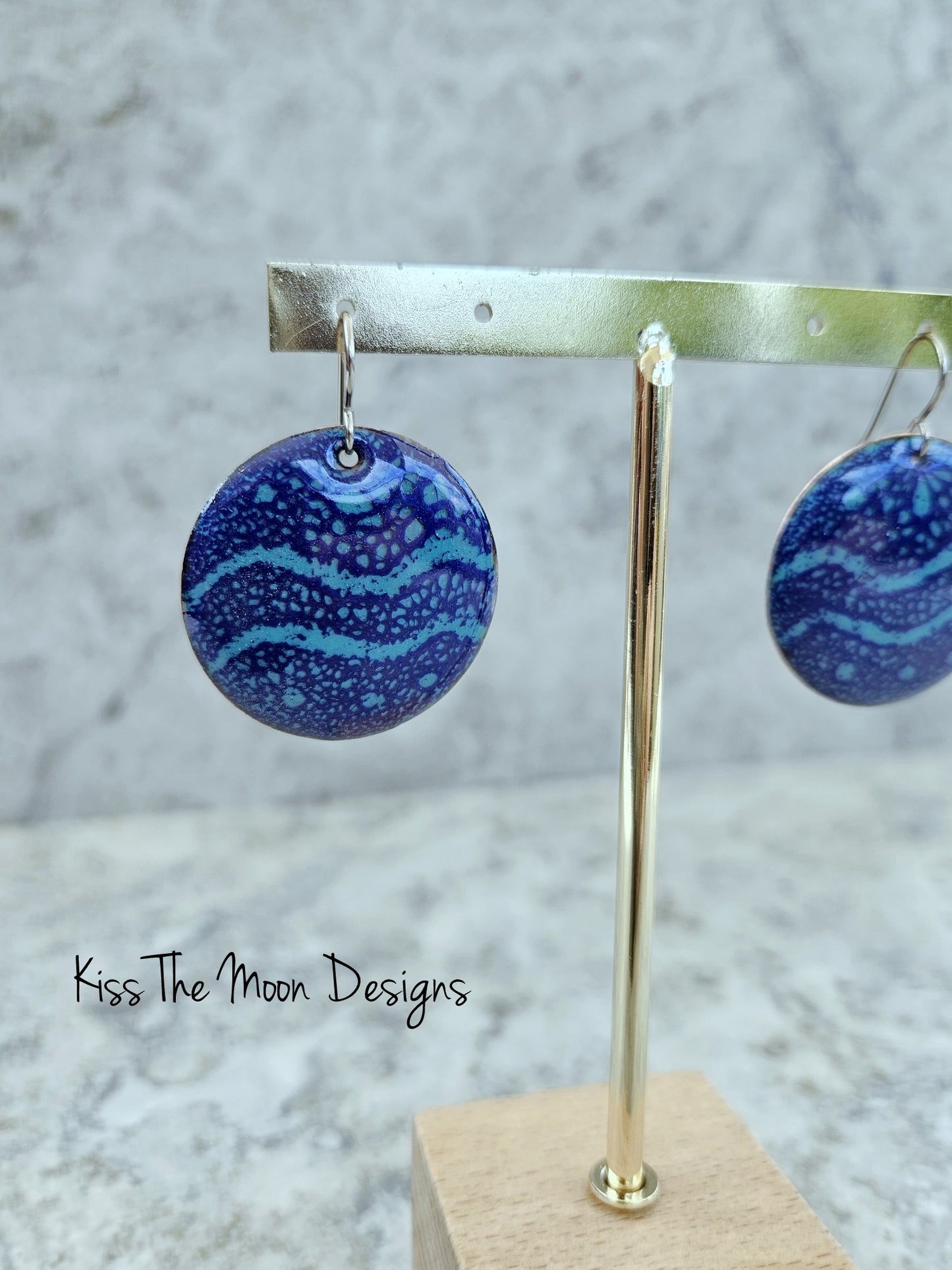 Large Cobalt and Green Enameled Circle Earrings