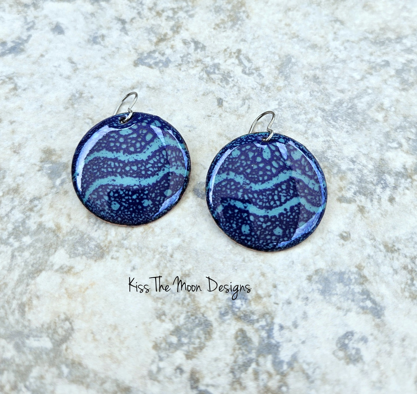 Large Cobalt and Green Enameled Circle Earrings