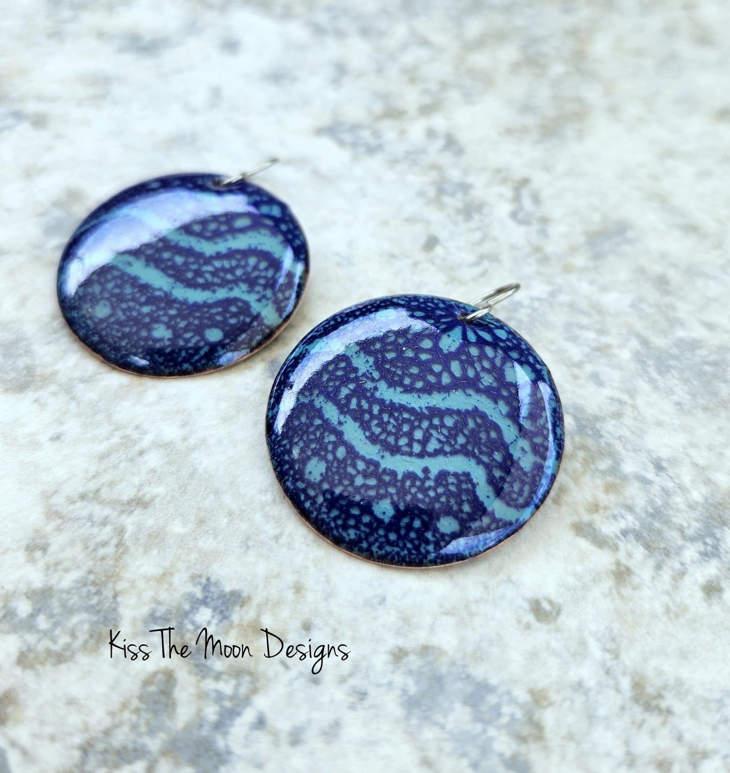 Large Cobalt and Green Enameled Circle Earrings