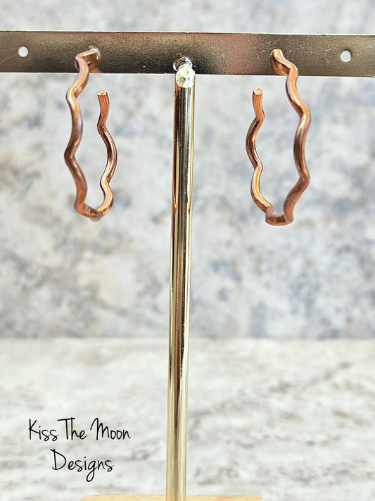 Copper Wavy Hoop Earrings- long