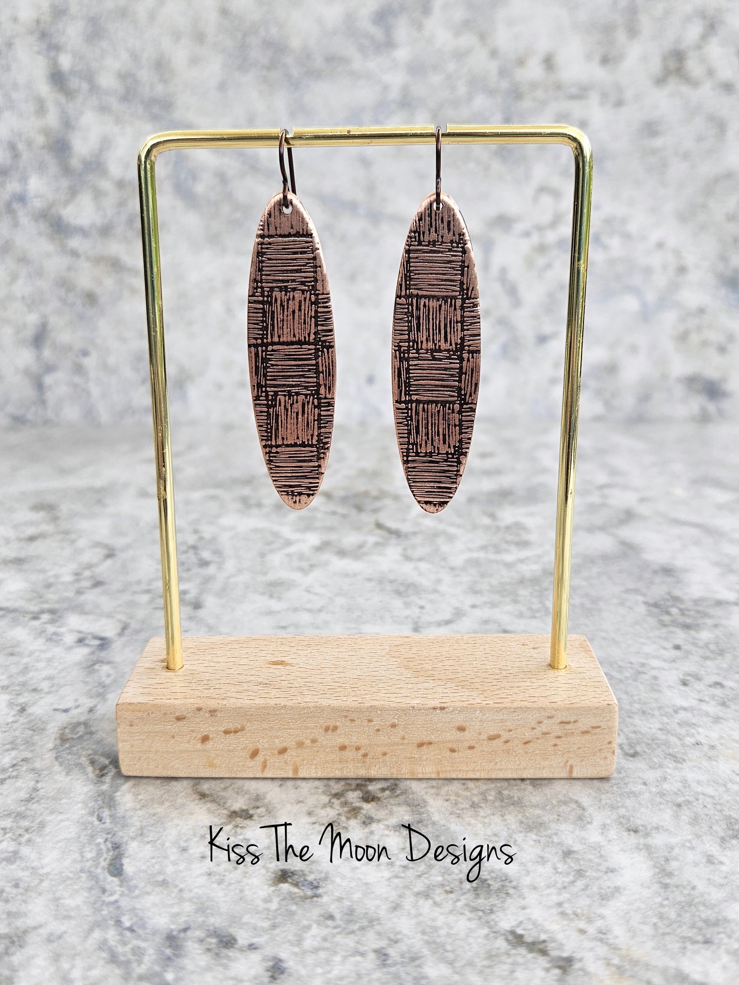 Long Oval Patterned Copper Earrings