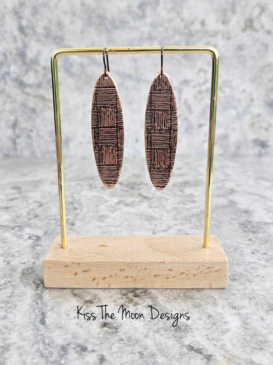 Long Oval Patterned Copper Earrings