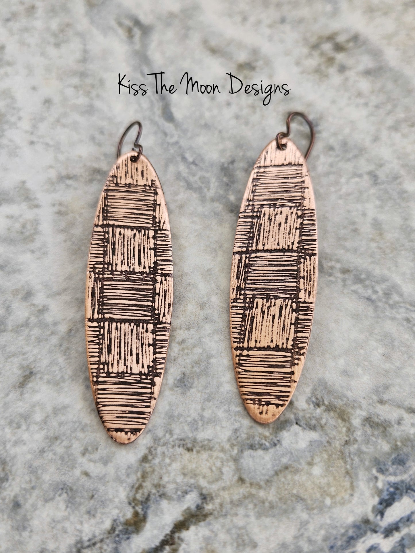 Long Oval Patterned Copper Earrings