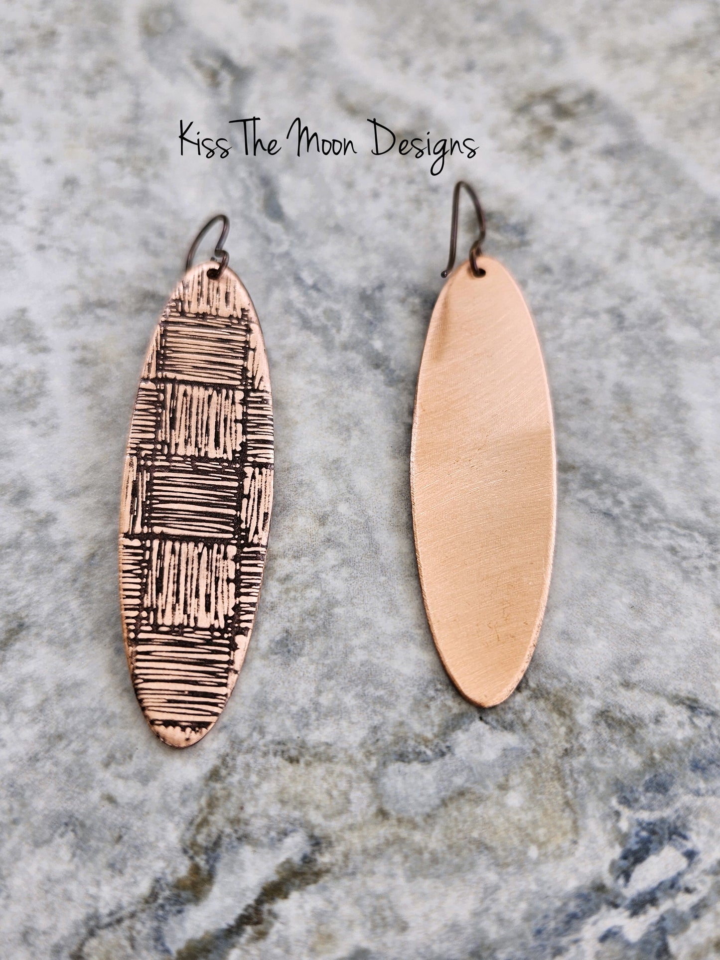 Long Oval Patterned Copper Earrings