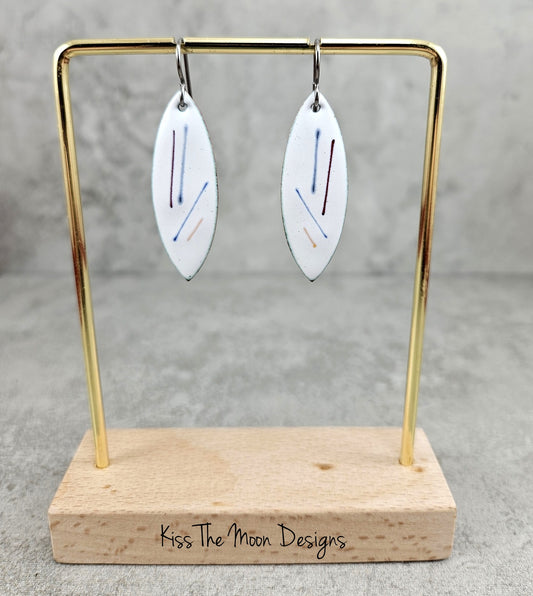 Pointed Leaf Enamel Earrings - White with Colored Stripes