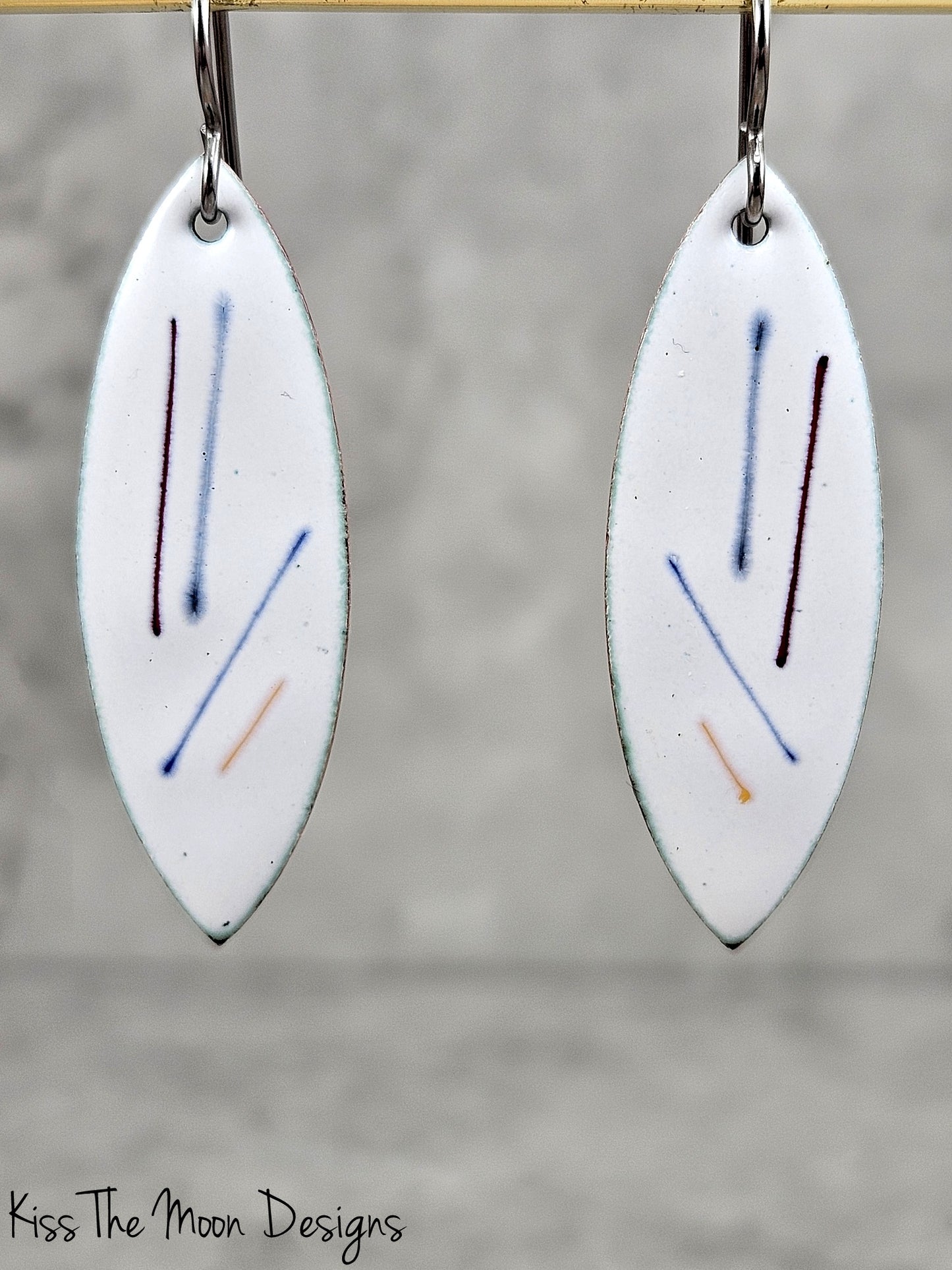 Pointed Leaf Enamel Earrings - White with Colored Stripes