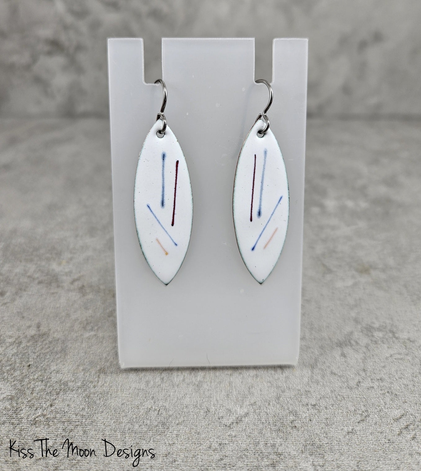 Pointed Leaf Enamel Earrings - White with Colored Stripes