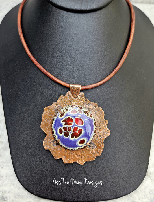 Large Crackle Enamel and Copper Necklace-Red and Purple