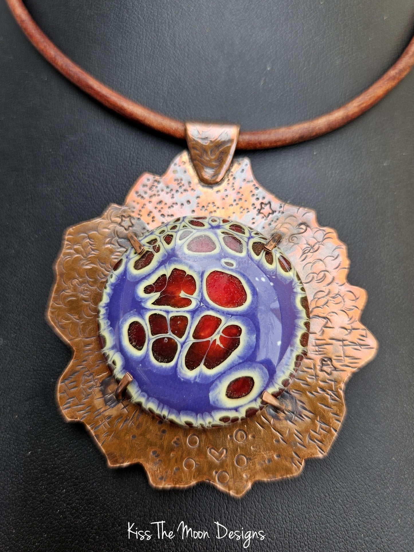 Large Crackle Enamel and Copper Necklace-Red and Purple