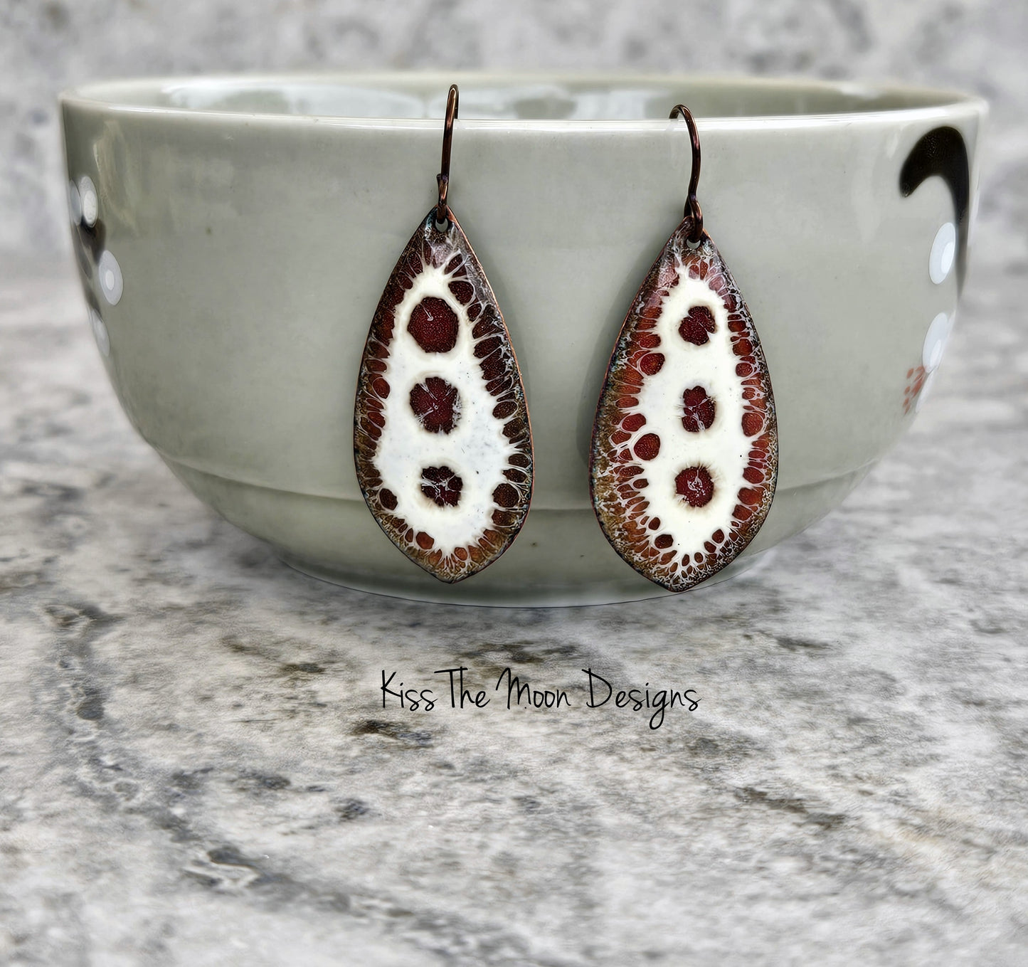 Crackle Enameled Tear Drop Earrings- Red and Off White