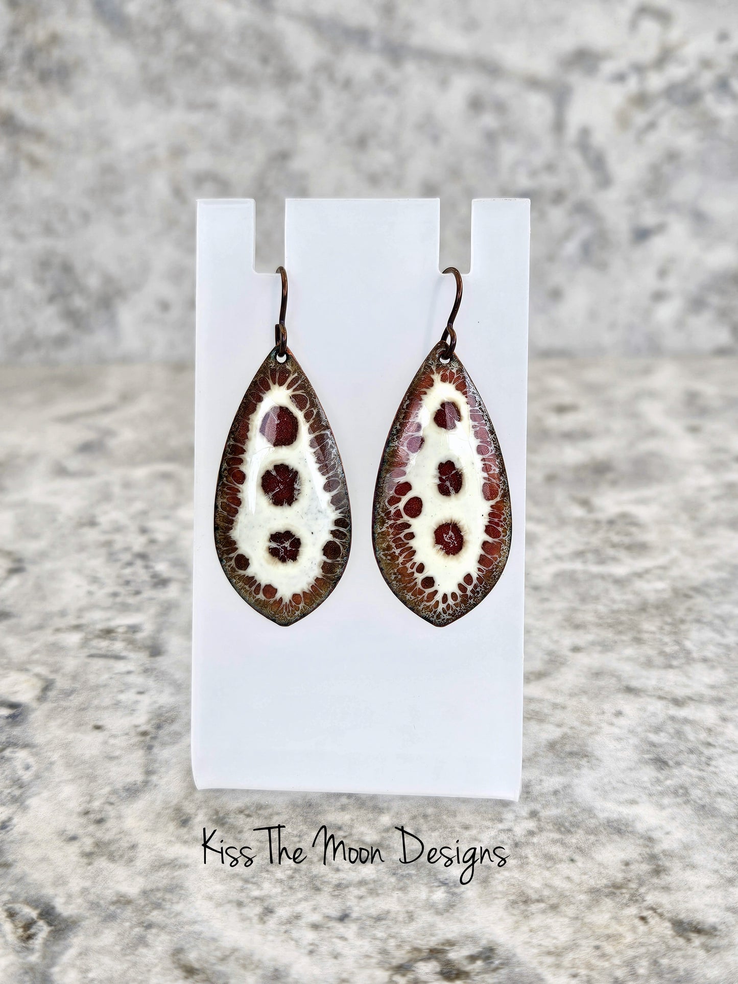 Crackle Enameled Tear Drop Earrings- Red and Off White