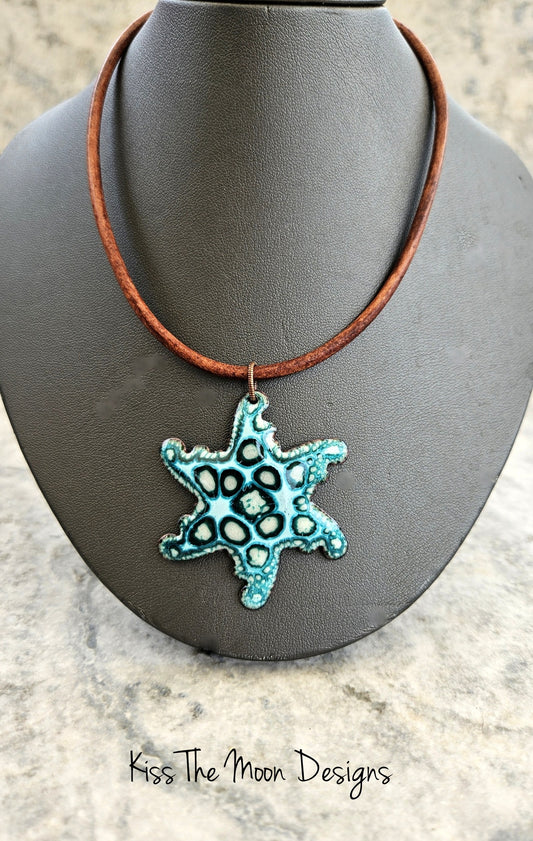 Crackle Enameled Starfish Necklace -Mint Green and Dark Green