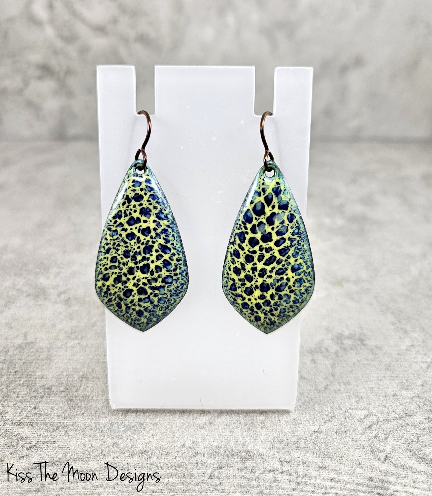 Blue and Yellow Crackle Enameled Teardrop Earrings