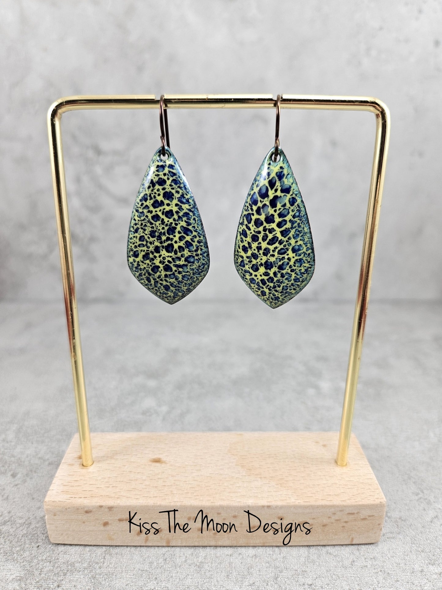 Blue and Yellow Crackle Enameled Teardrop Earrings