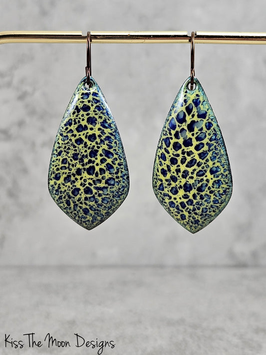 Blue and Yellow Crackle Enameled Teardrop Earrings